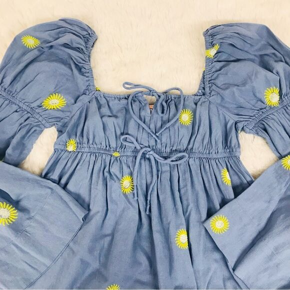 FREE PEOPLE Emory Boho Embroidered Square Neck Puff Sleeve Peasant Dress Size XS - Picture 4 of 15